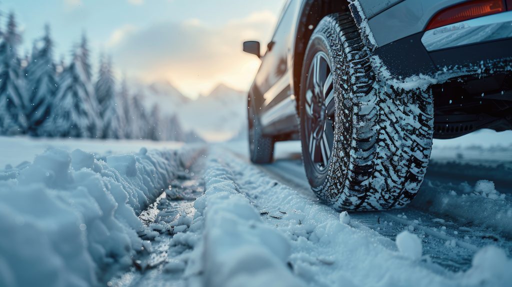 Auto na zimných pneumatikách v zasneženom prostredí