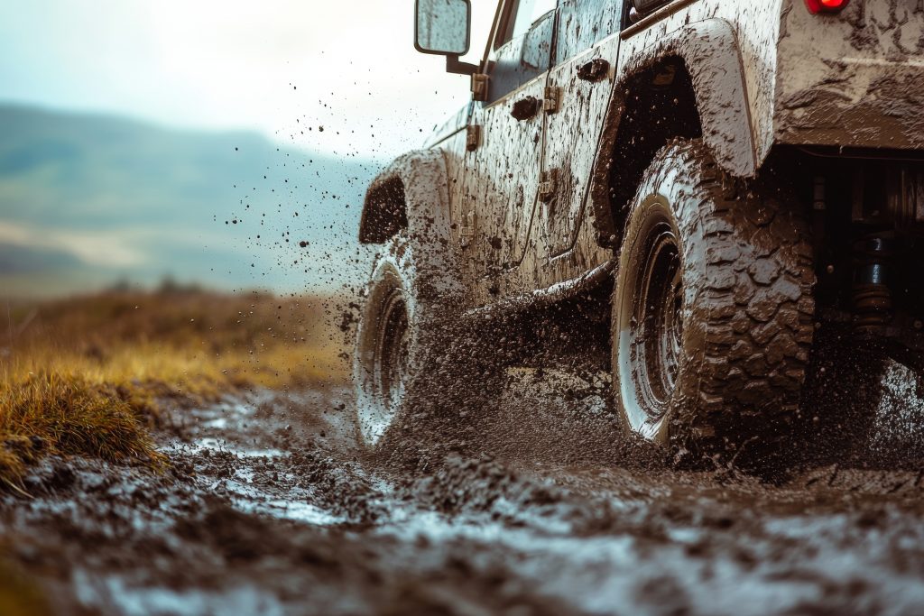 Terénne auto na offroad pneumatikách v blate.